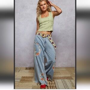 POL EMBROIDERED WIDE LEG JEANS WITH PEACE SIGNS!!!